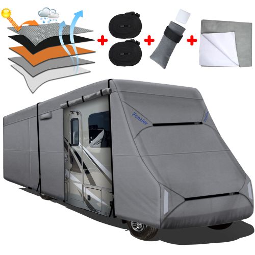 Fonzier RV Cover Class C 5 Layers Top Camper Cover Anti-UV Windproof with Adhesive Patch Motorhome Cover 23-26ft