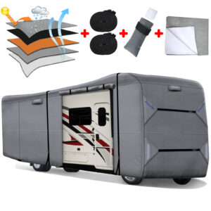 Fonzier Upgraded Waterproof Travel Trailer RV Cover Windproof Camper Cover Breathable for 22’1”-24’ with 4 Gutter Spout Covers Tongue Jack Cover Extra 2 Windproof Straps 