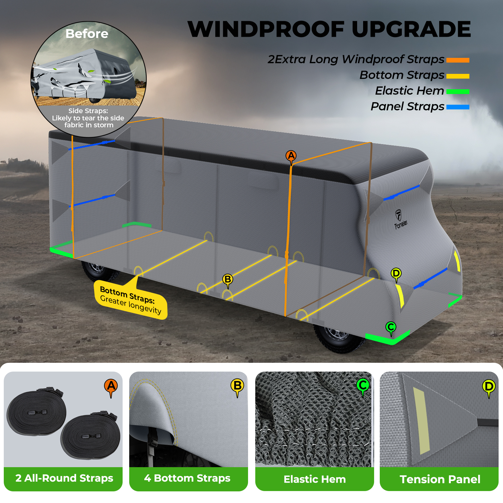 Class C RV Cover Set, Fonzier Heavy Duty 7 Layers RV Cover Fits 29-32FT, RV Cover for Class C Motorhome Camper Breathable Rip-Stop with 2Pcs Long Straps & Gutter Spout Covers - Light Gray - Image 3