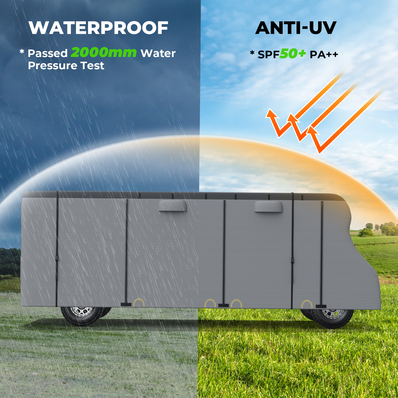 Class C RV Cover Set, Fonzier Heavy Duty 7 Layers RV Cover Fits 29-32FT, RV Cover for Class C Motorhome Camper Breathable Rip-Stop with 2Pcs Long Straps & Gutter Spout Covers - Light Gray - Image 5